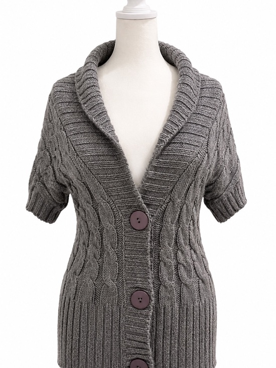 Le Temps Des Cerises Sweaters - Le Temps Des Cerises Gray Cable-Knit Shawl Collar Short-Sleeve Cardigan #y2k